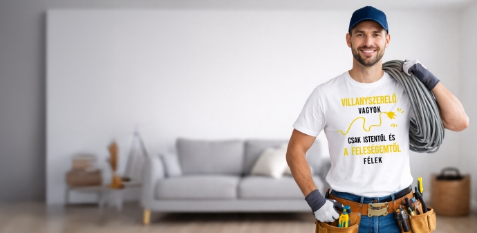 Villanyszerelő vicces póló – „Villanyszerelő vagyok, csak Istentől és a feleségemtől félek”